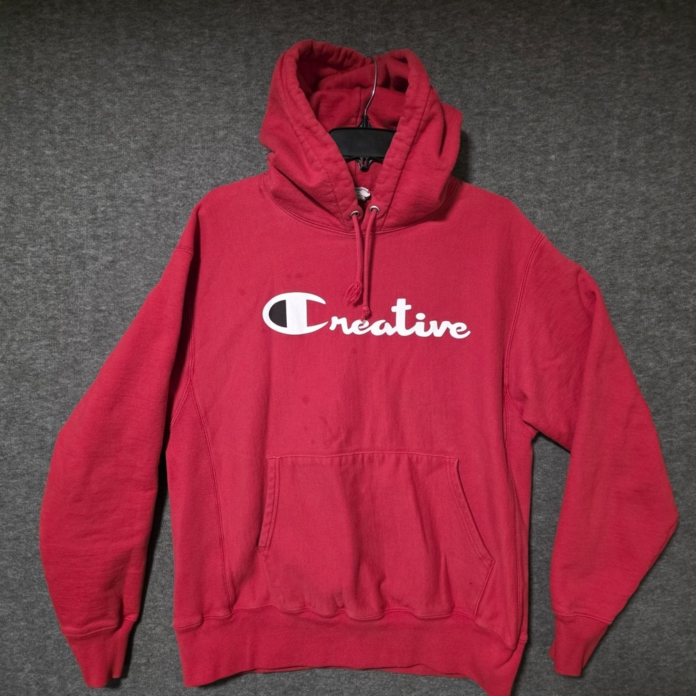 Vintage Champion Hoodie Creative Reverse Weave Sweatshirt Medium Red Long Sleeve